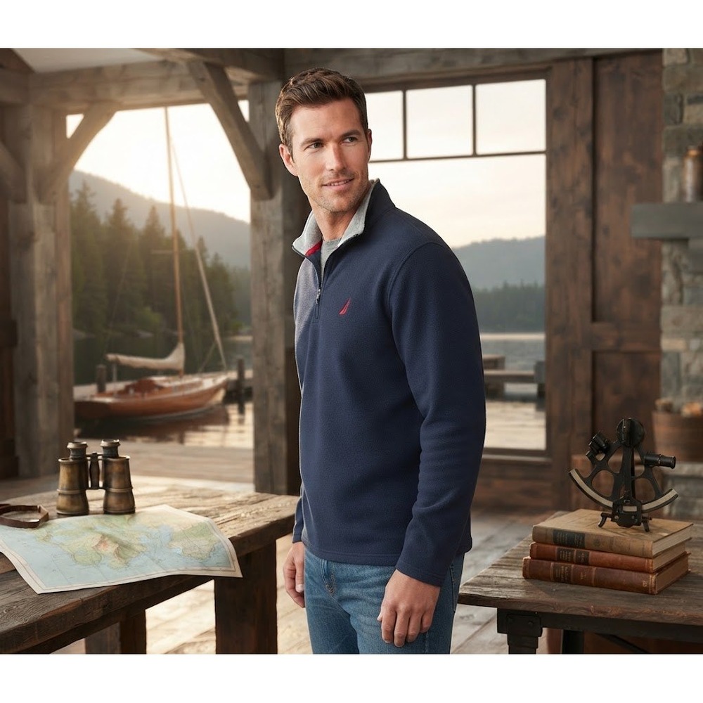 Nautica Fleece Pullover Mens XL Navy Blue Quarter Zip Logo Coastal Gorpcore